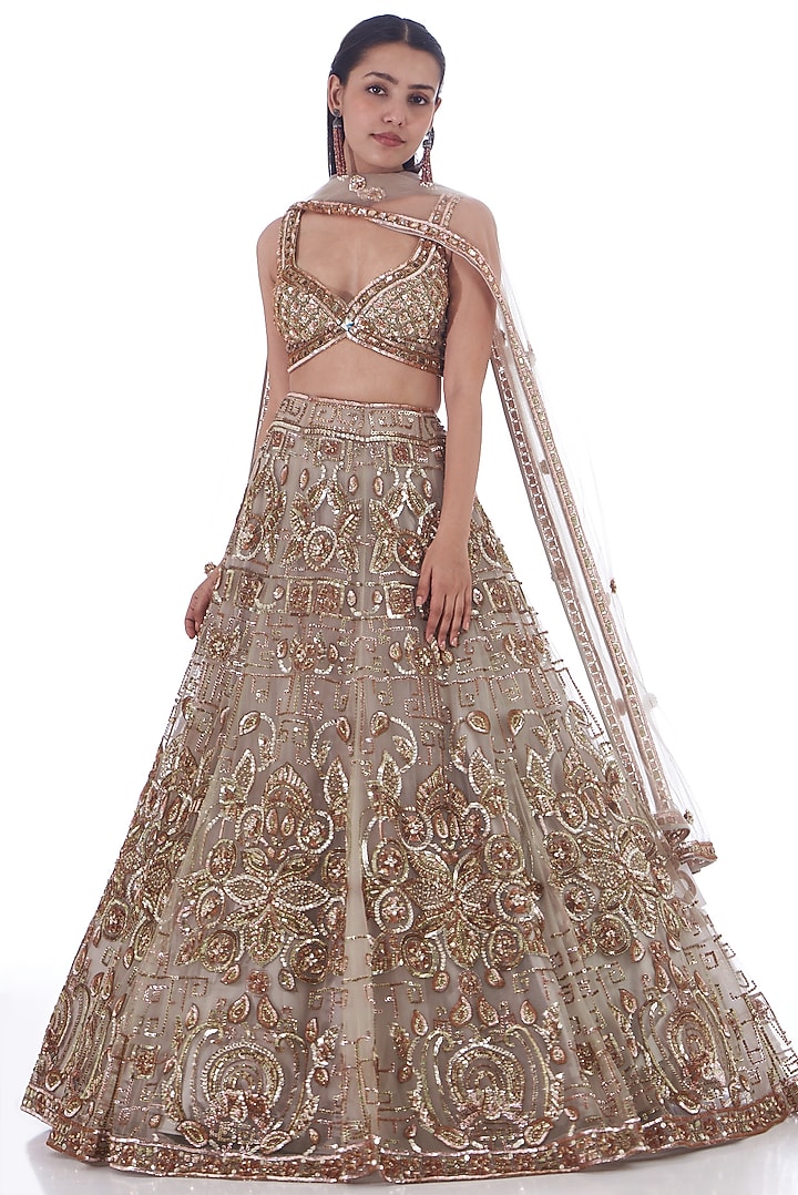 Ash Grey Tulle Net Hand Embroidered Bridal Lehenga Set by OPUS ATELIER at Pernia's Pop Up Shop